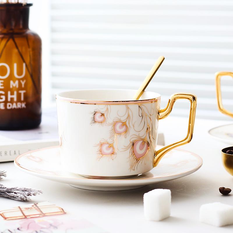 British Tea Cups, Coffee Cups with Gold Trim and Gift Box, Peacock Tail Pattern Porcelain Coffee Cups, Tea Cups and Saucers-Silvia Home Craft