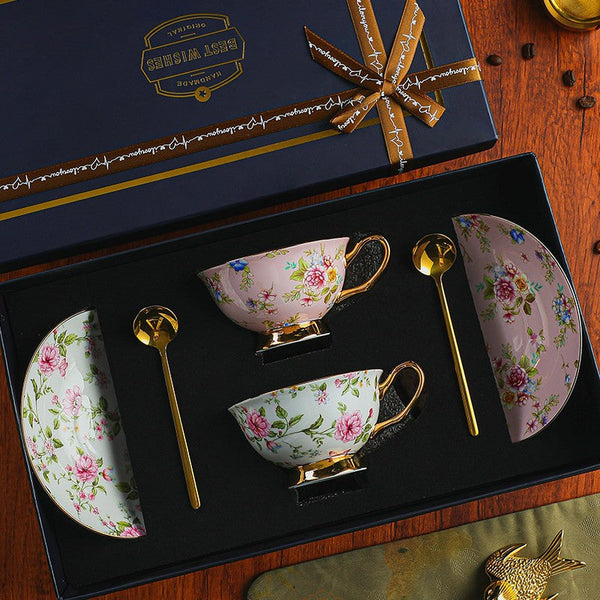 Porcelain Tea Cup Saucer Set of 2 Cups, Flower Tea Cup and Saucer Set in Gift Box, Floral Ceramic Coffee Cup with Saucer, Beautiful British Tea Cup and Saucer-Silvia Home Craft