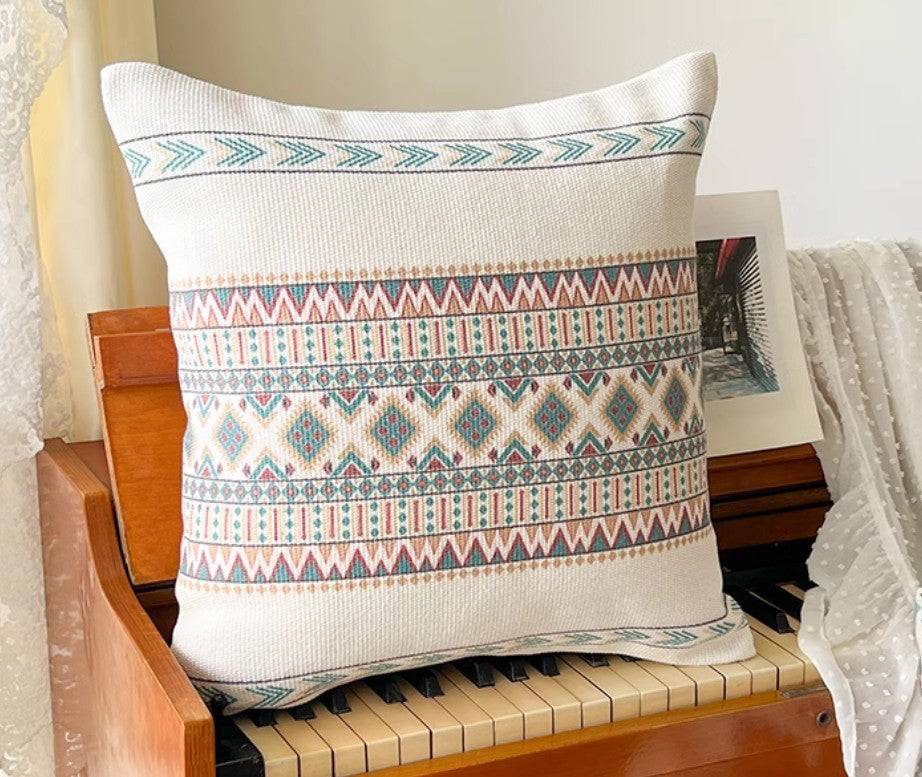 Bohemian Decorative Sofa Pillows Modern Square, Patterned Cotton Linen Cushions, Eclectic Living Room Accent