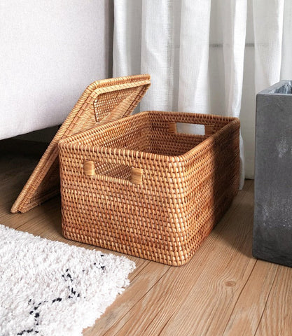 Extra Large Storage Baskets for Shelves, Wicker Rectangular Storage Baskets for Living Room, Rattan Storage Basket with Lid, Storage Baskets for Clothes-Silvia Home Craft
