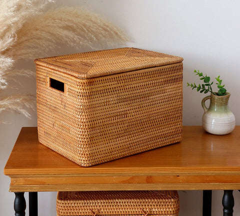 Kitchen Storage Baskets, Rectangular Storage Basket with Lid, Rattan Storage Baskets for Clothes, Storage Baskets for Living Room-Silvia Home Craft