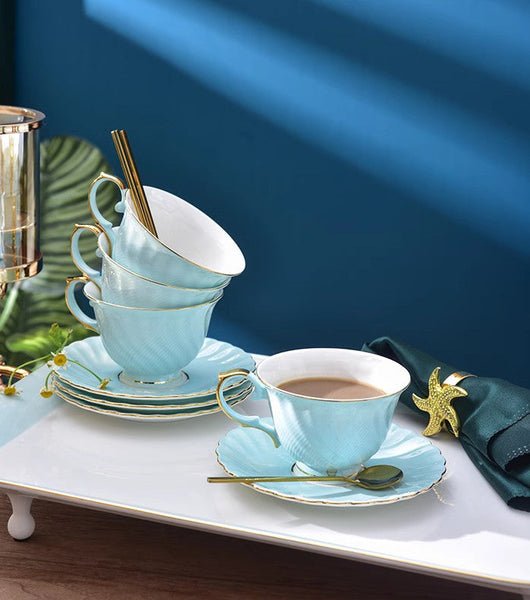 Elegant British Tea Cup and Saucer in Gift Box, Blue Porcelain Tea Cup Saucer Set, 8 oz British Ceramic Coffee Cups for Traditional Afternoon Tea-Silvia Home Craft