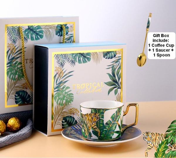 Handmade Coffee Cups with Gold Trim and Gift Box, 7.4 oz Tea Cup and Saucer, Jungle Tiger Porcelain Coffee Cups-Silvia Home Craft