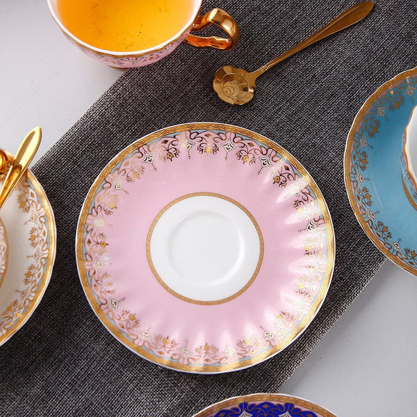 Unique British Tea Cup and Saucer in Gift Box, Pink Blue White Bone China Porcelain Tea Cup Set, Elegant British Ceramic Coffee Cups for Afternoon Tea-Silvia Home Craft