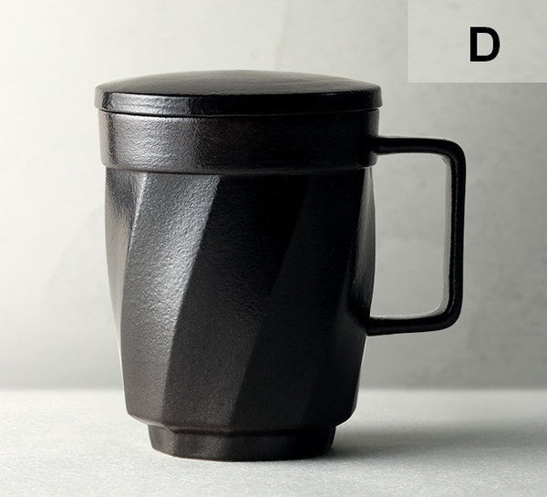 Creative Brown Green Blue Black Ceramic Coffee Mugs, Large Modern Handmade Pottery Coffee Cup, Large Unique Tea Cup, Large Capacity Coffee Mug with Cover-Silvia Home Craft