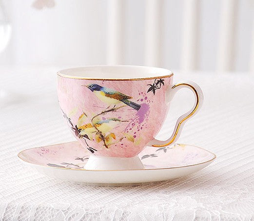 Elegant Pink Ceramic Coffee Cups, Unique Bird Flower Tea Cup and Saucer in Gift Box as Birthday Gift, Beautiful British Tea Cups, Royal Porcelain Tea Cup Set-Silvia Home Craft