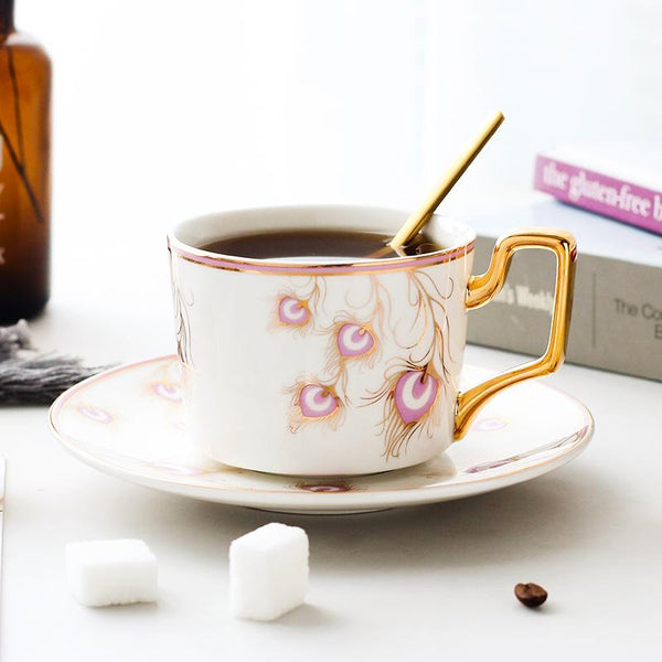 British Tea Cups, Coffee Cups with Gold Trim and Gift Box, Peacock Tail Pattern Porcelain Coffee Cups, Tea Cups and Saucers-Silvia Home Craft