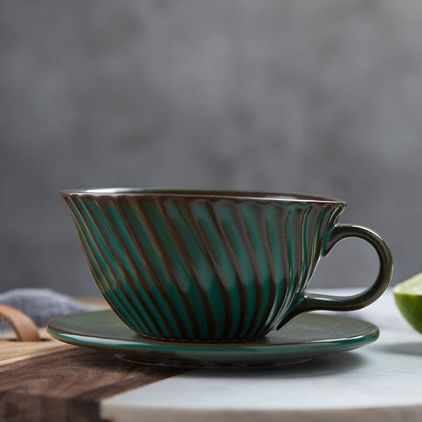 Green Pottery Coffee Cups, Breakfast Milk Cup, Latte Coffee Cup, Ceramic Coffee Cup, Cappuccino Coffee Mug, Coffee Cup and Saucer Set-Silvia Home Craft
