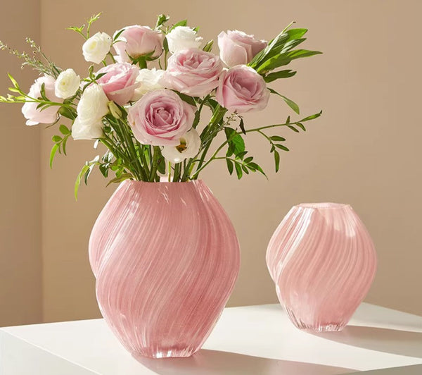 Handmade Contemporary Glass Vases, Mid Century Pink Vases for Flowers, Modern Vases for Living Room, Unique Decorative Glass Vase, Centerpiece Vases on Table-Silvia Home Craft