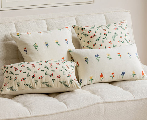 Embroider Flower Cotton Pillow Covers, Spring Flower Decorative Pillows for Bedroom, Decorative Pillows for Couch, Farmhouse Decorative Pillows for Sofa-Silvia Home Craft