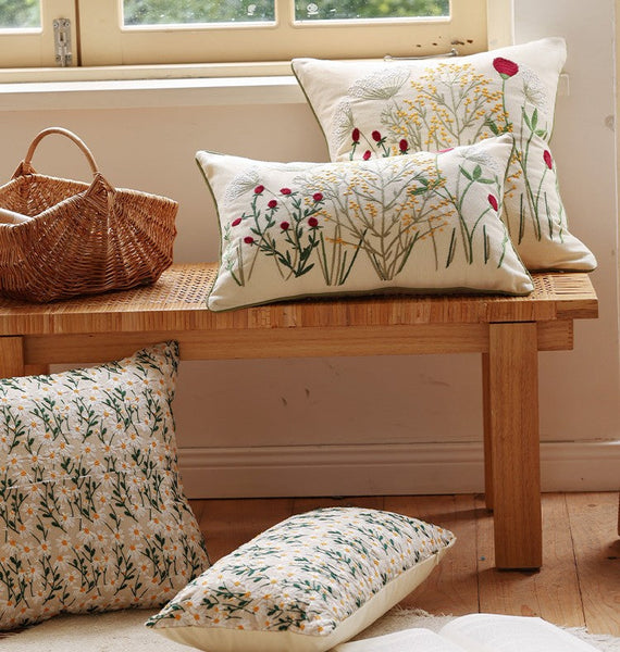 Farmhouse Decorative Pillows for Sofa, Embroider Flower Cotton Pillow Covers, Spring Flower Decorative Pillows for Bedroom, Decorative Pillows for Couch-Silvia Home Craft