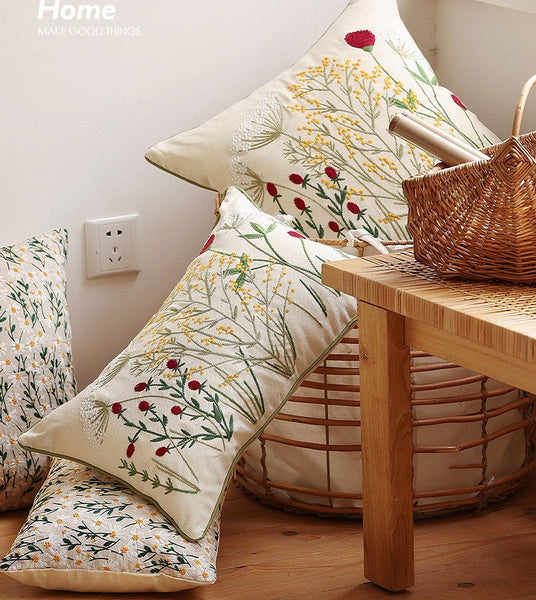 Farmhouse Decorative Pillows for Sofa, Embroider Flower Cotton Pillow Covers, Spring Flower Decorative Pillows for Bedroom, Decorative Pillows for Couch-Silvia Home Craft