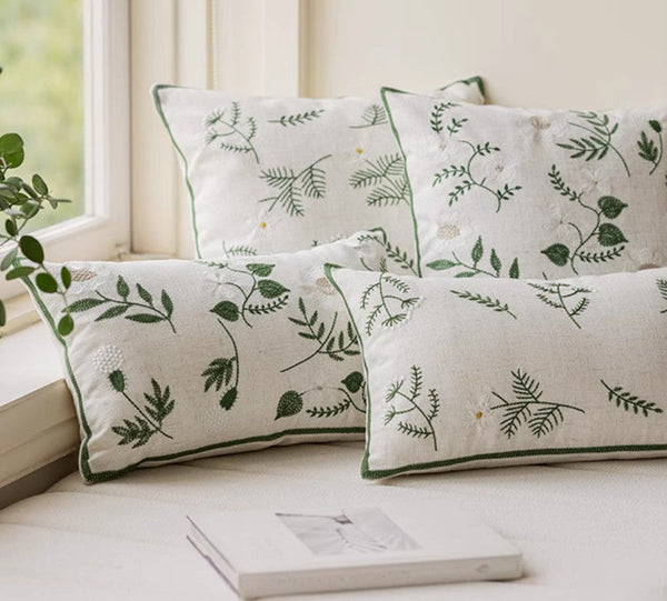 Embroider Flower Cotton Pillow Covers, Decorative Pillows for Sofa, Farmhouse Decorative Pillows for Couch, Spring Flower Decorative Pillows for Bedroom-Silvia Home Craft