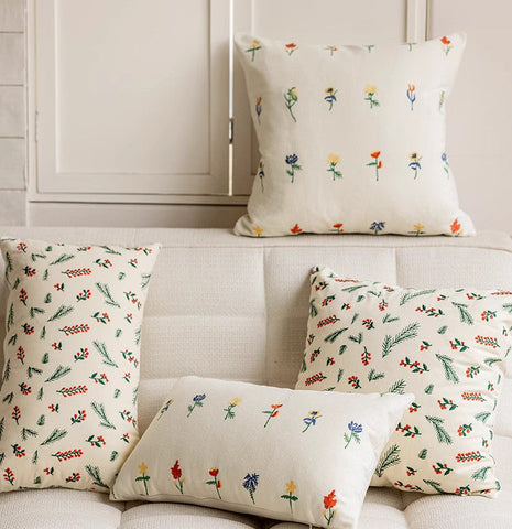 Embroider Flower Cotton Pillow Covers, Spring Flower Decorative Pillows for Bedroom, Decorative Pillows for Couch, Farmhouse Decorative Pillows for Sofa-Silvia Home Craft