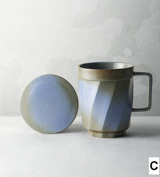 Creative Brown Green Blue Black Ceramic Coffee Mugs, Large Modern Handmade Pottery Coffee Cup, Large Unique Tea Cup, Large Capacity Coffee Mug with Cover-Silvia Home Craft