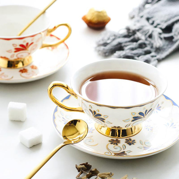 British Tea Cups, Porcelain Coffee Cups, Tea Cup and Saucer, Coffee Cups with Gold Trim and Gift Box, Latte Coffee Cups-Silvia Home Craft