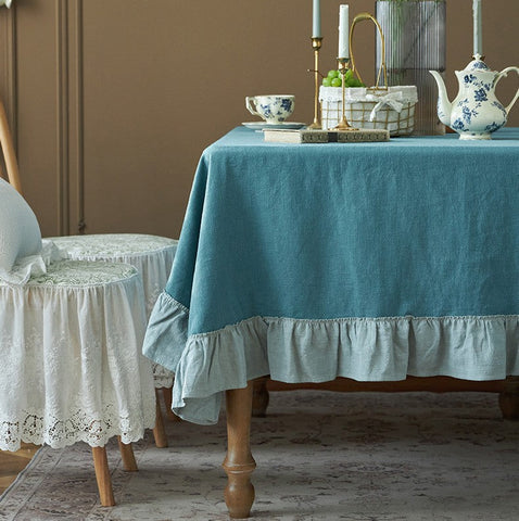 Extra Large Rectangle Tablecloth for Dining Room Table, Blue Modern Long Table Cover, Ramie Tablecloth for Home Decoration, Square Tablecloth for Round Table-Silvia Home Craft