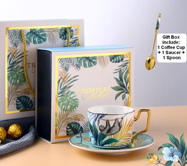 Jungle Animals Porcelain Coffee Cups, Coffee Cups with Gold Trim and Gift Box, 7.4 oz Tea Cup and Saucer-Silvia Home Craft