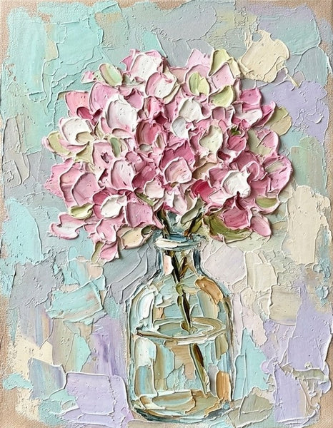 Original Acrylic Painting on Canvas, Pink Hydrangea Flowers in Glass Vase, Original Flower Paintings, Small Canvas Artwork for Sale, Impasto Canvas Art, Hand Painted Canvas Artwork