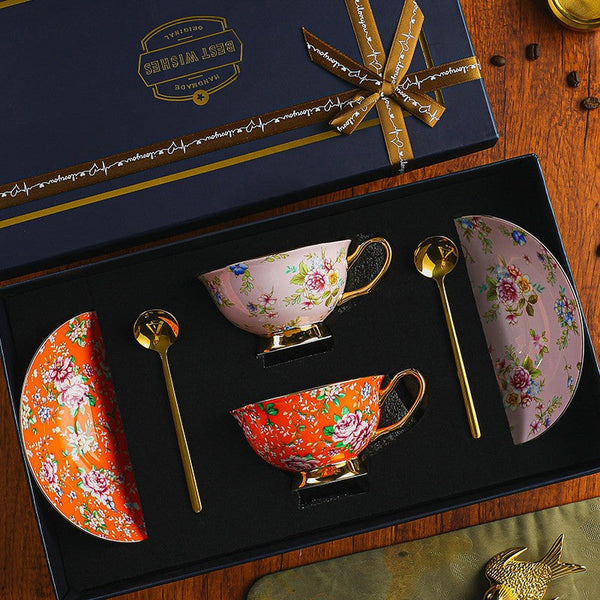 Porcelain Tea Cup Saucer Set of 2 Cups, Floral Ceramic Coffee Cup with Saucer, Beautiful British Tea Cup and Saucer, Flower Tea Cup and Saucer Set in Gift Box-Silvia Home Craft