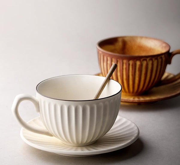Brown Pottery Coffee Cups, Cappuccino Coffee Mug, Latte Coffee Cup, White Tea Cup, Ceramic Coffee Cup, Coffee Cup and Saucer Set-Silvia Home Craft