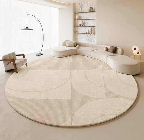 Geometric Circular Rugs for Dining Room, Cream Color Contemporary Modern Rugs, Modern Rugs under Coffee Table, Abstract Modern Round Rugs for Bedroom-Silvia Home Craft