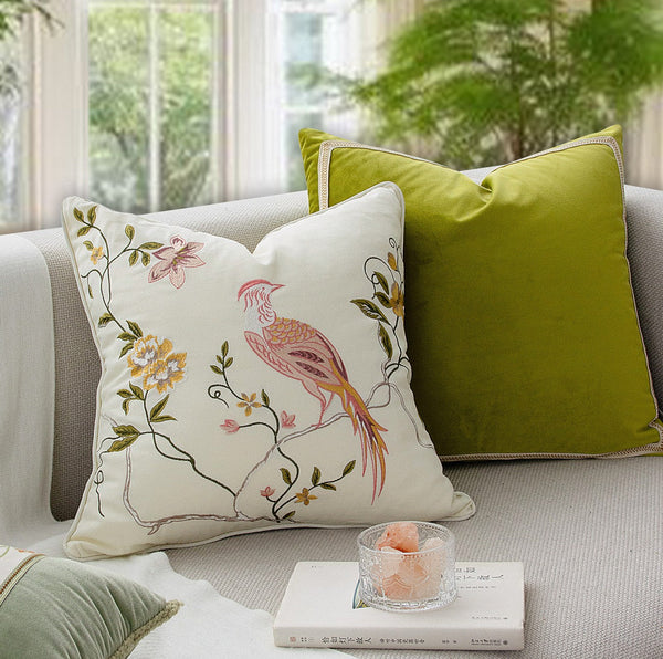 Decorative Pillows for Bed, Living Room Decorative Pillows, Modern Decorative Cushions, Decorative Pillow Arrangement Ideas for Interior Design, Embroidered Floral Bird Pattern Pillow Covers-Silvia Home Craft