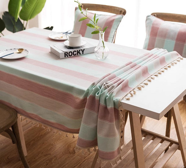 Pink Stripe Cotton and Linen Tablecloths, Rectangular Tablecloth for Oval Table, Rectangular Table Covers for Coffee Table, Modern Table Cloths for Dining Room-Silvia Home Craft
