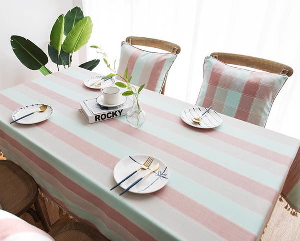Pink Stripe Cotton and Linen Tablecloths, Rectangular Tablecloth for Oval Table, Rectangular Table Covers for Coffee Table, Modern Table Cloths for Dining Room-Silvia Home Craft
