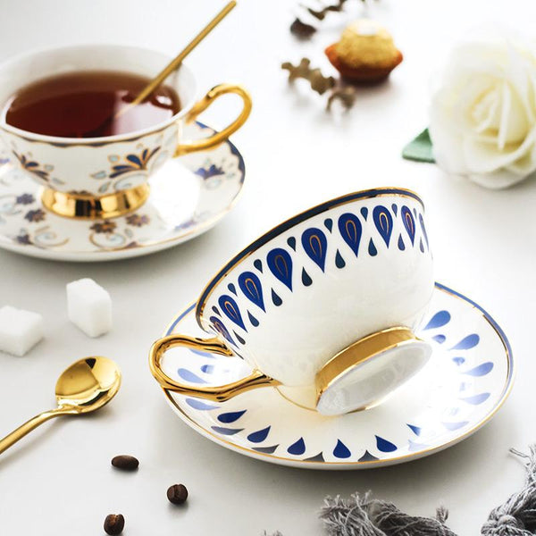 British Tea Cups, Porcelain Coffee Cups, Tea Cups and Saucers, Coffee Cups with Gold Trim and Gift Box, Latte Coffee Cups-Silvia Home Craft