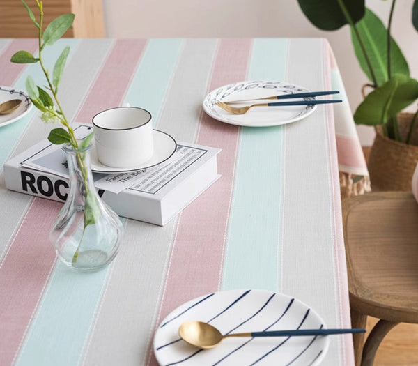 Pink Stripe Cotton and Linen Tablecloths, Rectangular Tablecloth for Oval Table, Rectangular Table Covers for Coffee Table, Modern Table Cloths for Dining Room-Silvia Home Craft