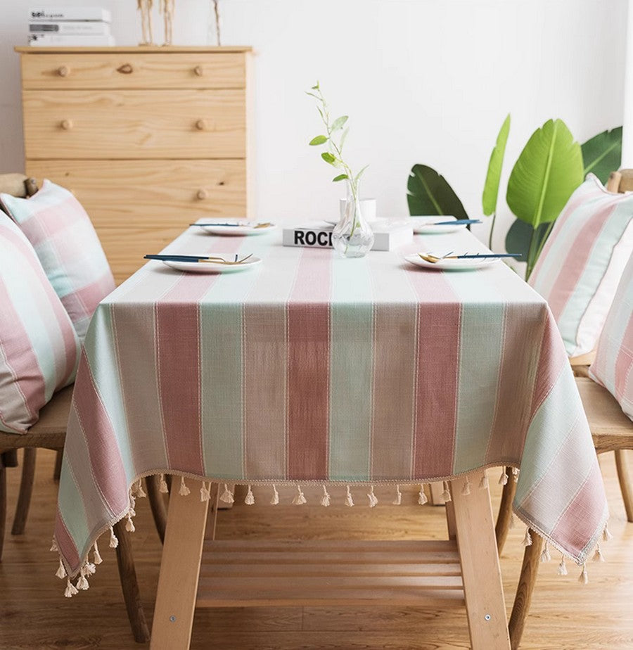Pink Stripe Cotton and Linen Tablecloths, Rectangular Tablecloth for Oval Table, Rectangular Table Covers for Coffee Table, Modern Table Cloths for Dining Room-Silvia Home Craft