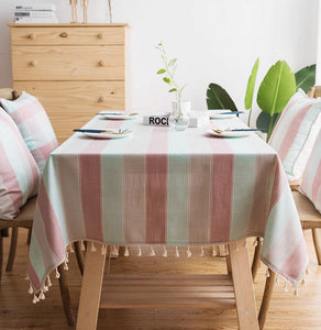 Pink Stripe Cotton and Linen Tablecloths, Rectangular Tablecloth for Oval Table, Rectangular Table Covers for Coffee Table, Modern Table Cloths for Dining Room-Silvia Home Craft