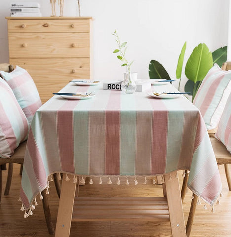 Rectangular Tablecloth for Oval Table, Rectangular Table Covers for Coffee Table, Pink Stripe Cotton and Linen Tablecloths, Modern Table Cloths for Dining Room-Silvia Home Craft