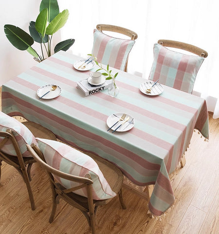 Pink Stripe Cotton and Linen Tablecloths, Rectangular Tablecloth for Oval Table, Rectangular Table Covers for Coffee Table, Modern Table Cloths for Dining Room-Silvia Home Craft