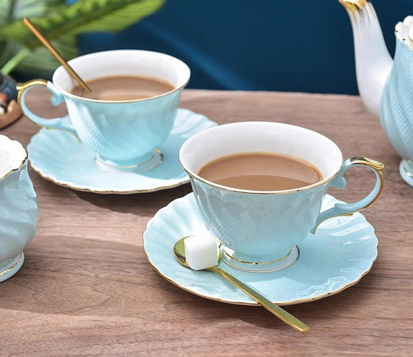 Elegant British Tea Cup and Saucer in Gift Box, Blue Porcelain Tea Cup Saucer Set, 8 oz British Ceramic Coffee Cups for Traditional Afternoon Tea-Silvia Home Craft