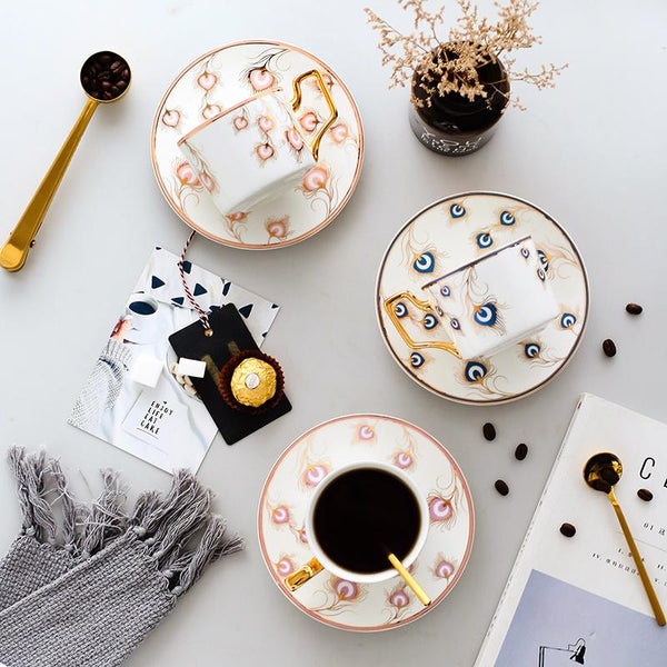 British Tea Cups, Coffee Cups with Gold Trim and Gift Box, Peacock Tail Pattern Porcelain Coffee Cups, Tea Cups and Saucers-Silvia Home Craft