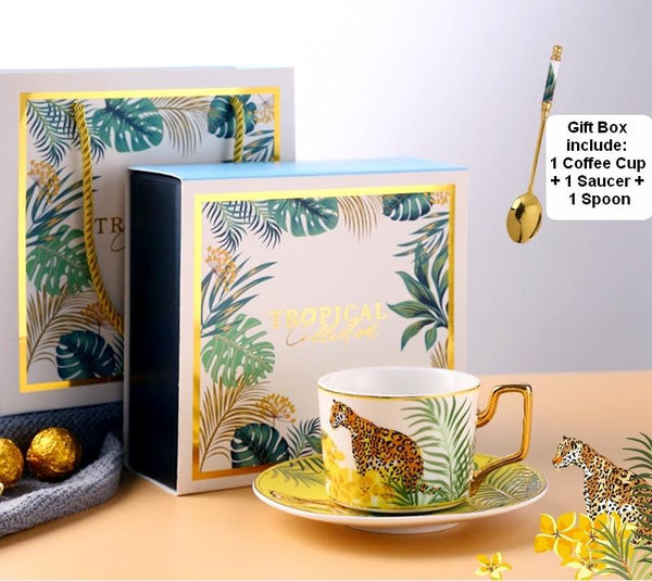 Handmade Coffee Cups with Gold Trim and Gift Box, 7.4 oz Tea Cup and Saucer, Jungle Tiger Porcelain Coffee Cups-Silvia Home Craft