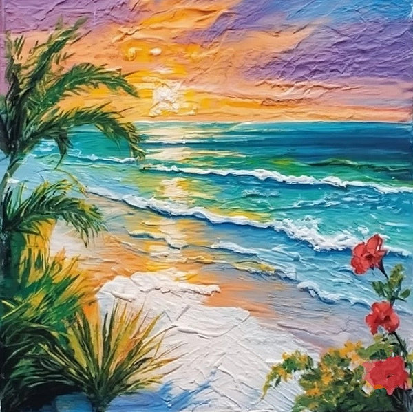 Heavy Texture Canvas Art, Small Palette Knife Oil Paintings, Original Small Landscape Paintings, Florida Seashore Beach Flower Painting, Easy Landscape Painting Ideas, Simple Small Canvas Paintings-Silvia Home Craft
