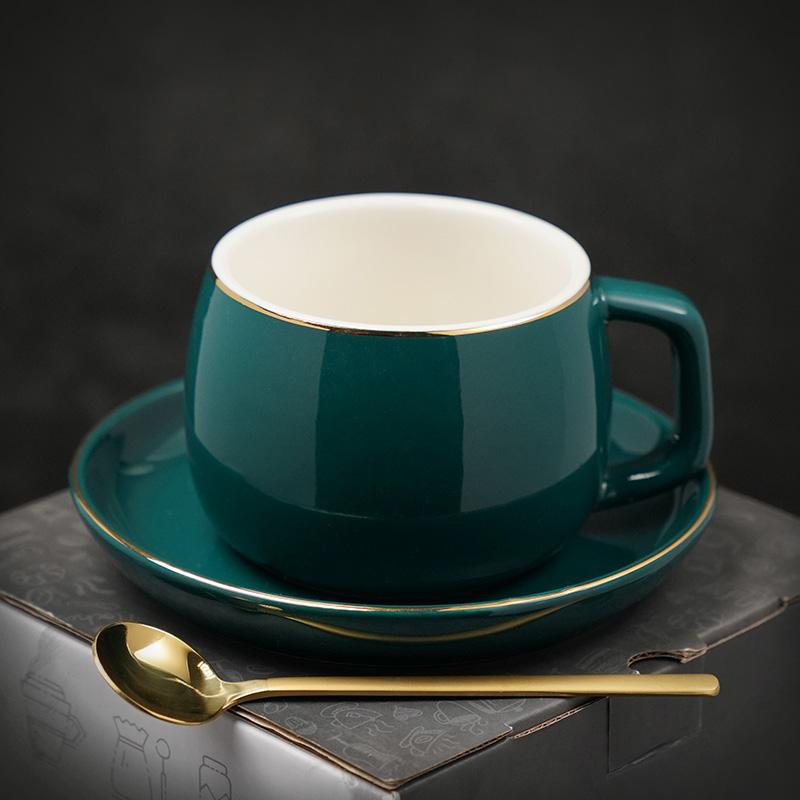 Ceramic Cup, Round Coffee Cup and Saucer Set, Green Coffee Cup, Back Coffee Mug, White Coffee Cups, Tea Cup-Silvia Home Craft