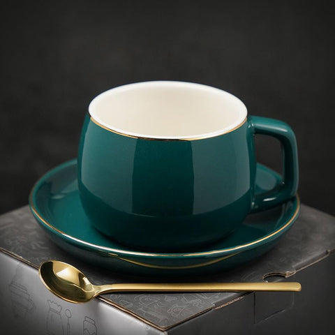 Ceramic Cup, Round Coffee Cup and Saucer Set, Green Coffee Cup, Back Coffee Mug, White Coffee Cups, Tea Cup-Silvia Home Craft