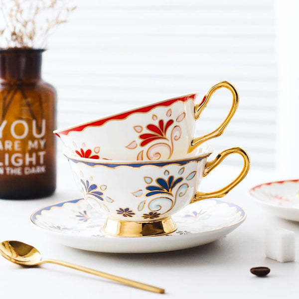 British Tea Cups, Porcelain Coffee Cups, Tea Cup and Saucer, Coffee Cups with Gold Trim and Gift Box, Latte Coffee Cups-Silvia Home Craft