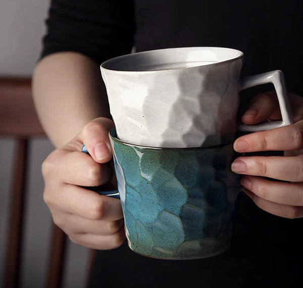 Modern Handmade Pottery Coffee Cup, Creative Brown White Black Blue Ceramic Coffee Mugs, Large Unique Tea Cup, Large Capacity Coffee Cups-Silvia Home Craft