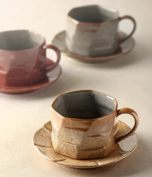 Modern Handmade Pottery Coffee Cup, Creative Ceramic Coffee Cup with Saucer, Unique Tea Cup and Saucer, Tea Cup Set for Afternoon Tea-Silvia Home Craft