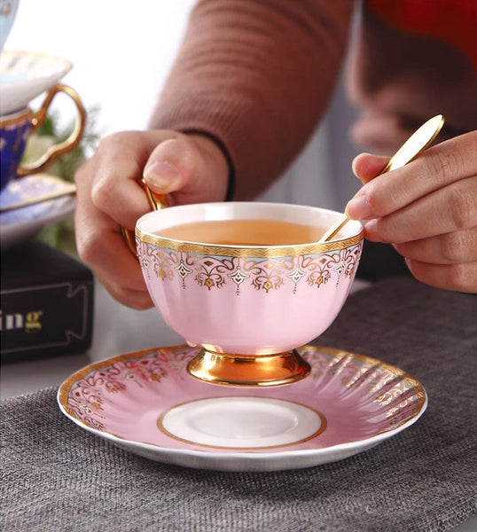 Unique British Tea Cup and Saucer in Gift Box, Pink Blue White Bone China Porcelain Tea Cup Set, Elegant British Ceramic Coffee Cups for Afternoon Tea-Silvia Home Craft