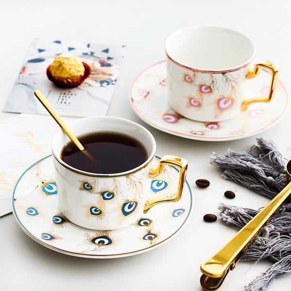 Peacock Tail Pattern Porcelain Coffee Cups, British Tea Cups, Coffee Cups with Gold Trim and Gift Box, Tea Cup and Saucer-Silvia Home Craft