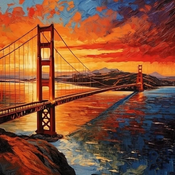 Heavy Texture Canvas Art, Small Palette Knife Oil Paintings, Original Small Landscape Paintings, Golden Gate Bridge Sunset Painting, Easy Landscape Painting Ideas, Simple Small Canvas Paintings-Silvia Home Craft