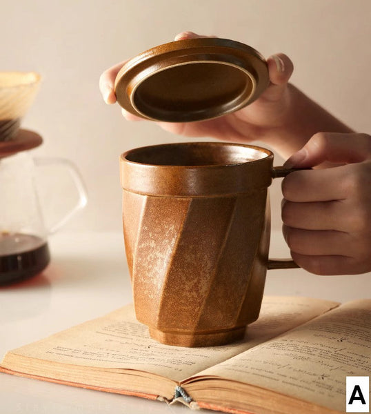 Large Modern Handmade Pottery Coffee Cup, Creative Brown Green Blue Black Ceramic Coffee Mugs, Large Unique Tea Cup, Large Capacity Coffee Mug with Cover-Silvia Home Craft