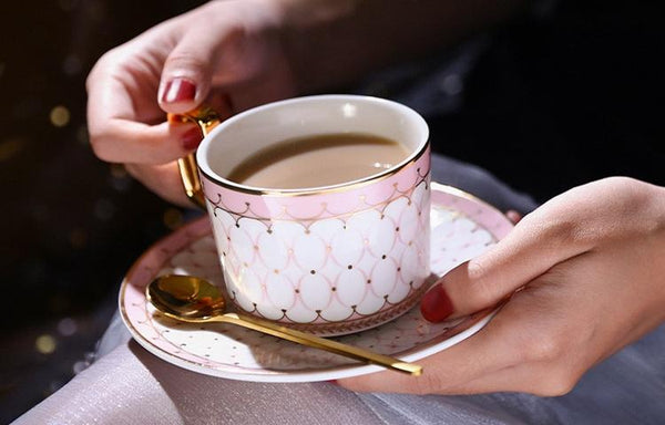 British Tea Cups, Elegant Porcelain Coffee Cups, Latte Coffee Cups with Gold Trim and Gift Box, Tea Cups and Saucers-Silvia Home Craft