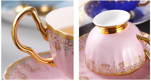 Unique British Tea Cup and Saucer in Gift Box, Pink Blue White Bone China Porcelain Tea Cup Set, Elegant British Ceramic Coffee Cups for Afternoon Tea-Silvia Home Craft